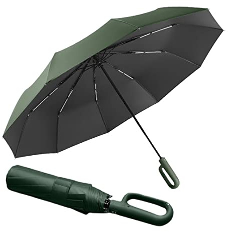 Large Umbrella, 10 Ribs, Storm Resistant - Automatic Open/Close, Golf Umbrella, Outdoor UV Protection, Folding Parasol, Pocket Umbrella, UPF 50, Carabiner Handle for Men and Women, Green, 125cm