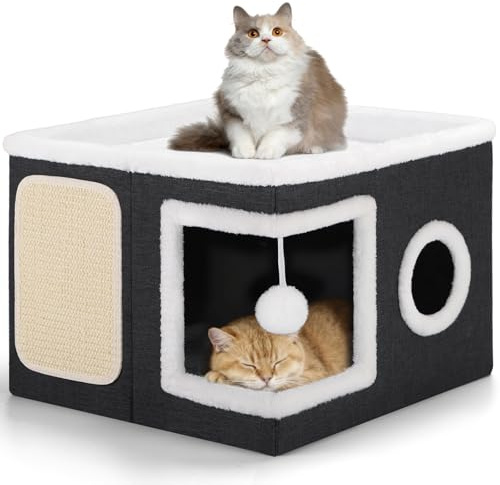 Shikha Lits d'intérieur Pliables pour Chat, 43 x 43 x 32 cm, Grande Maison pour Chat avec Niche Confortable, Boule Suspendue, fenêtre Ronde, Cube pour Chat à 2 Niveaux avec Coussins Doux Double Face
