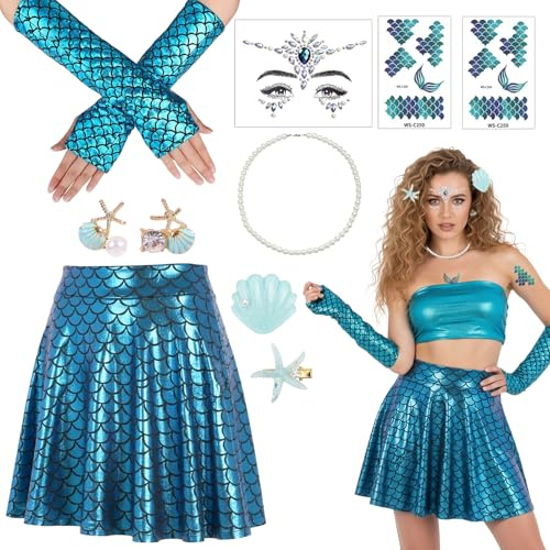8 TLG.Meerjungfrau Kostüm Damen Set – Fischschuppen Rock mit Perlenkette, Muschel- & Seestern Haarclips, Ohrringe, Ärmel & Glitzer Gesichtstattoos für Fasching, Karneval & Mottoparty