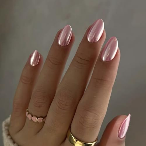Pink Fake Nails - 24 Pcs Short Press on Nails Almond - Metallic Pink False Nails with Glue - Full Cover Press on Acrylic Nails - Stick on Nails for Women - Can Be Used Repeatedly