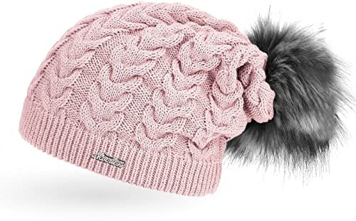 Neverless Coole Damen Strickmütze Strick-Beanie gefüttert mit Fell-Bommel, Winter-Mütze, Bommelmütze, rosa Unisize