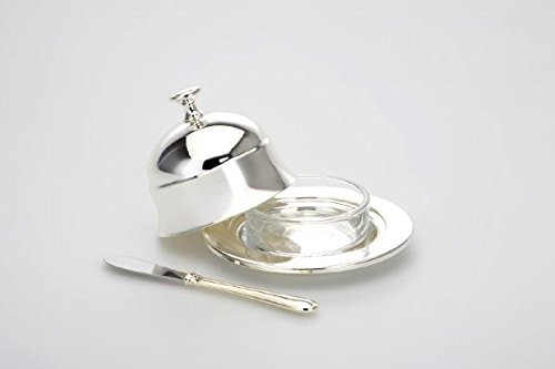 Silber Tischkultur Käsedose, Butterdose, Zwiebeldose mit Glaseinsatz & Messer Höhe 7,0 cm Durchmesser 11,0 cm versilbert Anlaufgeschützt