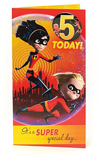 Age 5 Birthday Card - The Incredibles Birthday Card with Birthday Badge, 5th Birthday, Incredibles 2 - Marvel