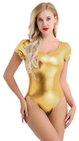 Freebily Damen Wetlook Body Kurzarm Glänzend Metallic Tanzbody Ballett Leotard Gymnastikanzug Turnanzug Trikot Disco Party Gogo Tanzkleidung Overall Gold M