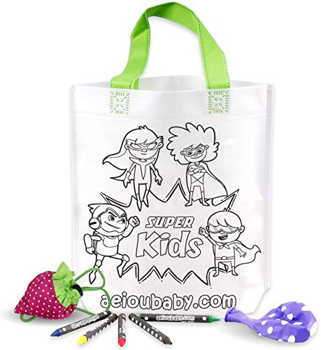 aeioubaby.com 30 Tasche zum Ausmalen + Wiederverwendbare Tasche | 30 einzelne Taschen mit 5 bunten Wachsmalstiften und Luftballon | Geschenk Kinder auf Festen und Geburtstagen (Helden)
