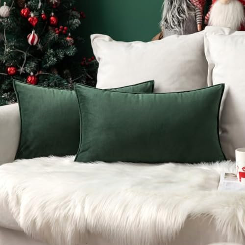 MIULEE 2er Set Samt Kissenbezug Flansch Kissenhülle Dekorative Sofakissen Dekokissen Umwickelte Kante Kissenbezüge Zierkissenbezug für Sofa Wohnzimmer Schlafzimmer 30x50 cm Dunkelgrün