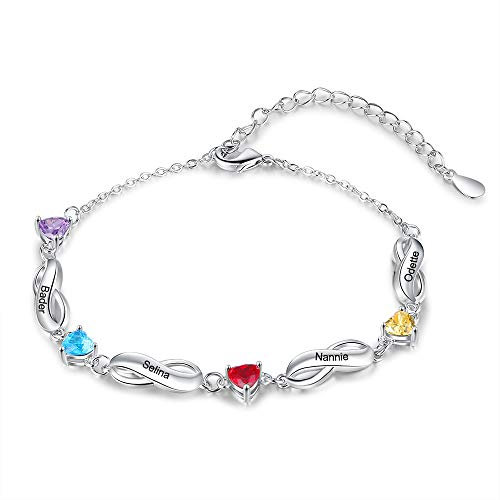 ALBERTBAND Armbänder Personalisiertes Silber Infinity Armband mit 1-7 Namen und Charms Simulierte Geburtssteine Verstellbare Armbänder für Frauen Mädchen (4 names)