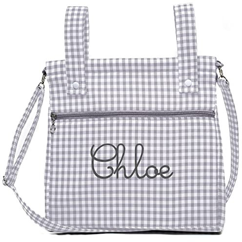 Bolsa panera de algodón vichy personalizada con nombre bordado - Bolso carro - Talega carrito de bebé - Nenel (Gris)