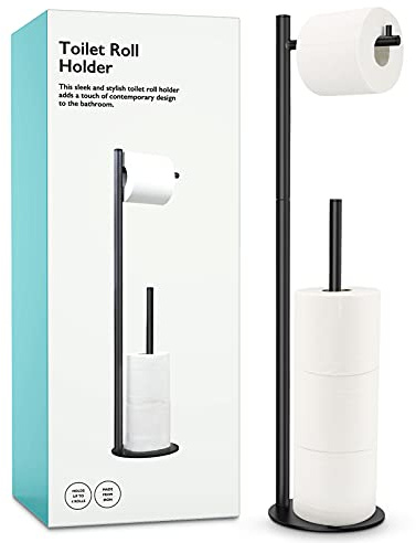 Toilet Paper Holder Stand, Bathroom Toilet Paper Roll Holder Stand with Reserve, Standing Toilet Paper Holder with Storage,Toilet Paper Roll Holder for 4 Rolls, Black