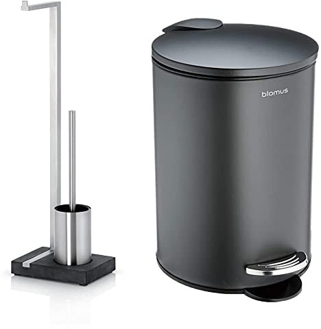 blomus -MENOTO- Stand WC-Garnitur aus mattiertem Edelstahl, Toilettenbutler (63,5 x 15 x 20 cm) & TUBO- Treteimer aus pulverbeschichtetem Stahl, Anthrazit, 3L (24,5 x 17 x 17 cm, Anthrazit)