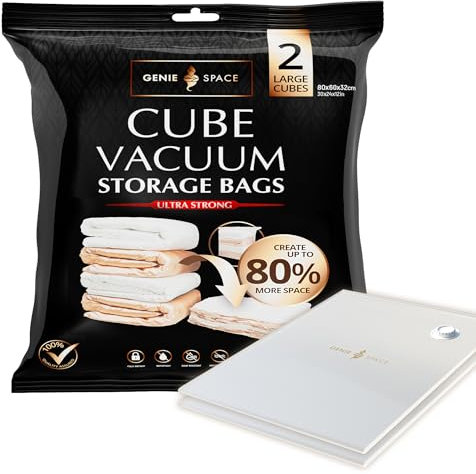 GENIE SPACE Bolsas de Vacío Tipo Cubo para Ropa, Ropa de Cama y Altillo – Herméticas, Reutilizables y Sin Olor – Cierre Doble – Tamaño Grande 80×60×32 cm – Paquete de 2