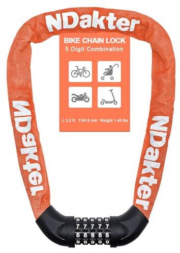 NDakter Fahrradschloss mit Zahlencode und hoher Sicherheitsstufe, (100cm*6mm) Fahrrad KettenSchloss mit 5-Stellig Zahlencode, Kette aus gehärtetem Stahl für Fahrrad Roller,orange