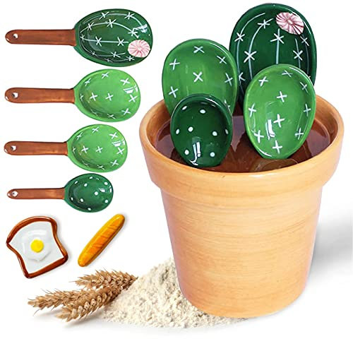 Cucchiai dosatori per cactus in vaso con tazza e supporto, misurini in ceramica per cactus, sale, zucchero (verde puro)