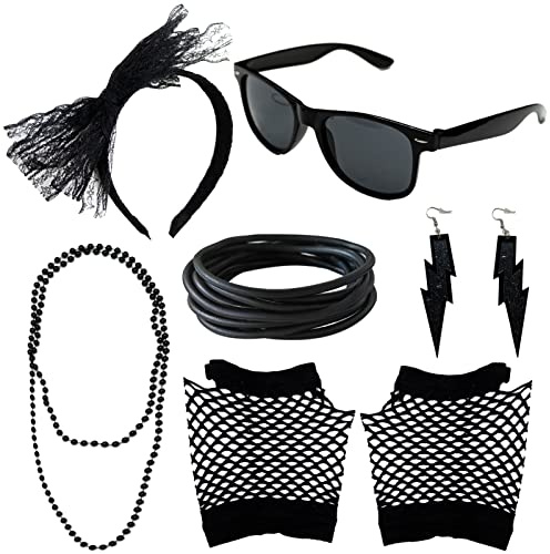 LAMXD 80er Jahre Kostüm Zubehör Set - Spitze Stirnband, Brille, Silikon Armbänder, Fischnetz Handschuhe, Neon Ohrringe für Retro Party Fasching