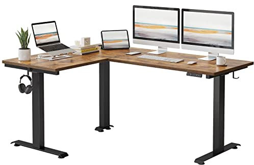 FEZIBO DREI Motoren Schreibtisch Höhenverstellbar Elektrisch, L Form Stehpult, Links und rechts austauschbar, 190 x 160 cm Stehschreibtisch eckschreibtisch, Schwarz Rahmen/Braun Tischplatte