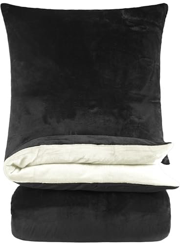 BaSaTex Winter Plüsch Bettwäsche Set Nicky-Teddy Cashmere-Touch Coral Fleece | 135x200 155x220 200x200 200x220 + 80x80 Kissenbezug | Größe: 135x200 | Farbe: Schwarz Wollweiss