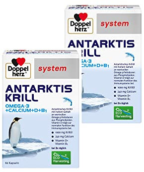Doppelherz system ANTARKTIS KRILL Omega-3 + Calcium + D + B1 – Herzfunktion & Immunsystem – Omega-3-Fettsäuren EPA/DHA als Beitrag zur normalen Herzfunktion – 2 x 60 Kapseln