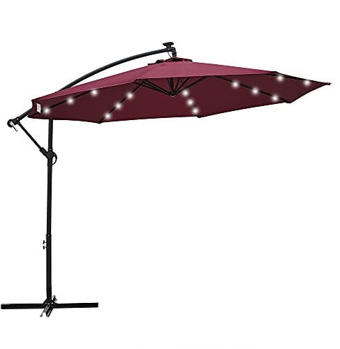 Panana 3M Garden Cantilever Parasol with 24 Solar Powered LED Lights Outdoor Banana Hanging Umbrella with Crank Mechanism Sun Shade Canopy for Poolside, Deck, Patio and Balcony Red