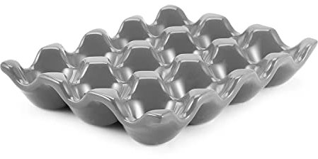 Flexzion Ceramic Egg Holder for Fridge - 12 Cups Egg Tray Whole Dozen Porcelain Container Keeper Storage Organizer Decorative Serving Stand Serveware for Countertop Display Kitchen (Gray)