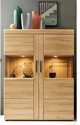 Lomadox Wohn-/Esszimmer Highboard mit Beleuchtung, Grandson Eiche Nb., B/H/T ca. 101,9/133/37,4 cm