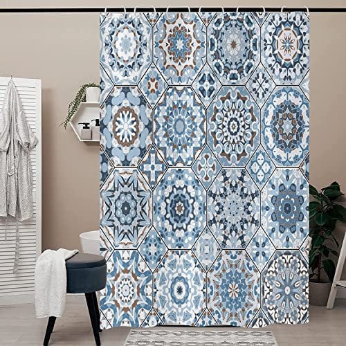 Duschvorhang Boho Blumen 180x180, Hnmdmyi Bohemian Blaue Mandala Blume Ethnisch Tribal Vintage Geometrisch Patchwork Ästhetisch Kunst Badewanne Vorhang Wasserdicht Polyester Stoff Waschbar Badevorhang