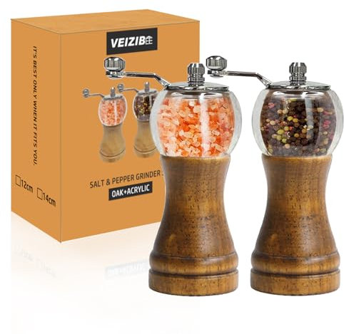 VEIZIBEE Molinillos de pimienta,Molinillo de Sal y Pimienta,Molinillos de especias Madera Maciza con Molinillo de cerámica Ajustable Fuerte,2pcs 6IN Clásico conjunto de molinos de pimienta y sal mano
