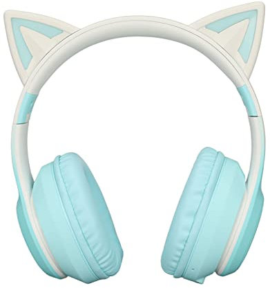 Gaming Kopfhörer mit Mikrofon, Bluetooth Katzenohr Kopfhörer, Kabelloser Kopfhörer mit 3,5mm Aux Kabel, 7 Farben LED Lichter und 4 LED Lichtmodi(Grün)