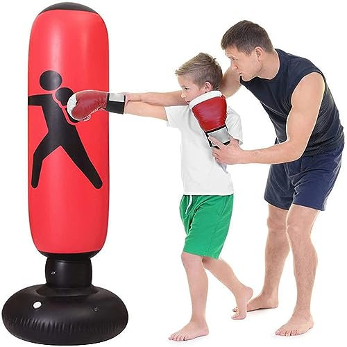 Sac de Boxe Gonflable 160cm, Sac de Frappe sur Pied Autoportant pour Fitness, Tour Stand pour Enfant et Adulte, Anti-Stress, Rouge
