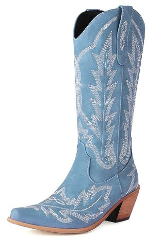 Roimaash Modal Jeans Stivali Cowboy Knee High Donna Chunky Tacco Medio Denim Stivali Cowgirl Snake Toe Stivali Western Sewing Slip On Stivali Blue Size 37