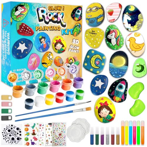 Shrubz Kit de Peinture sur Pierres Bricolage Enfant kits de loisirs créatifs Kits de Peinture Rupestre, Kits de Bricolage avec 24 Peintures con autocollants Cadeau créatif pour Filles Garçon