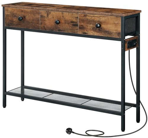 HOOBRO Console Table with Power Outlet, 100 cm Console Table with 3 Drawers for Hallway, Sofa Table, 2-Tier Hallway Table for Living Room, Rustic Brown and Black EBF83KXG01