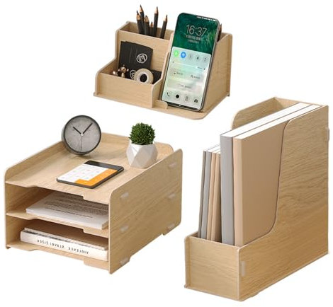 NUODWELL Ensemble de rangement de bureau en bois – Bac à courrier A4 à 3 niveaux, porte-documents, porte-stylos, organiseur de bureau et rangement pour fournitures de bureau (chêne)
