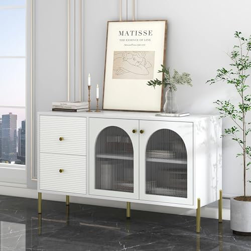 Merax Buffet avec Plateau en marbre, étagères réglables, 2 Portes, 2 tiroirs et élégantes Portes en Verre, 120 cm, Blanc/doré