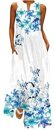 Boho Beach Dresses for Women UK Sleeveless V Neck Maxi Dresses Floral Print Long Dresses with Pocket Summer Casual Vintage Sundress Swing A-Line Dress Going Out Lounge Dress