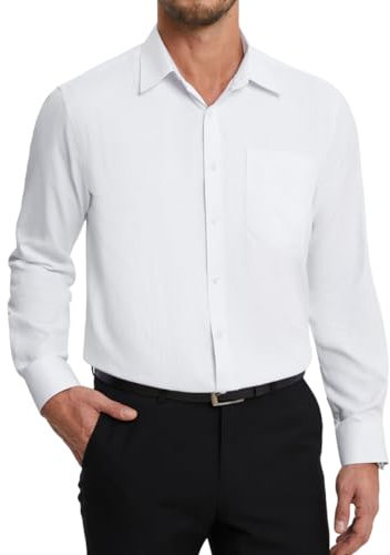 HISDERN Camicia Uomo Elegante Bianca Camicie da Uomo Manica Lunga di Cotone con Taschino Bottoni Regular Fit Formale Tinta Unita No Stiro 4XL