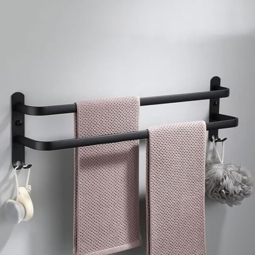 Porte-Serviettes Mural avec 2 Crochets Porte Serviettes Salle de Bain Percages et sans Percages Etagères Serviette en Aluminium pour Salle de Bain et Cuisine Noir 2 Couche 50cm