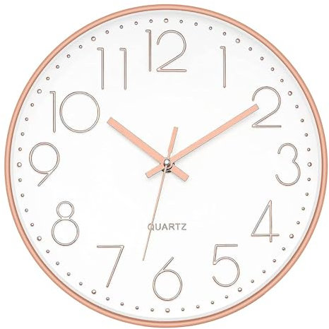 DANIEL JAMES Silent Wall Clock - 30cm Round Wall Clock for Home, Living Room, Office, Bedroom & Kitchen - Modern Analogue Clock with Easy Read Numbers - 12-inch, Rose Gold & White