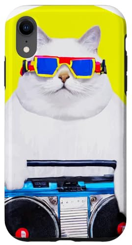 Hülle für iPhone XR dicker weißer Kater mit Ghettoblaster im 80er Look Musik