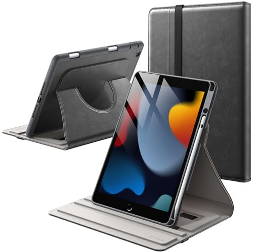 JETech Drehbare Hülle für iPad 9/8/7 (10,2 Zoll, Modell 2021/2020/2019, 9./8./7. Generation) mit Stifthalter, 360 Grad Drehbare PU Leder Folio Schutzhülle (Space Grau)