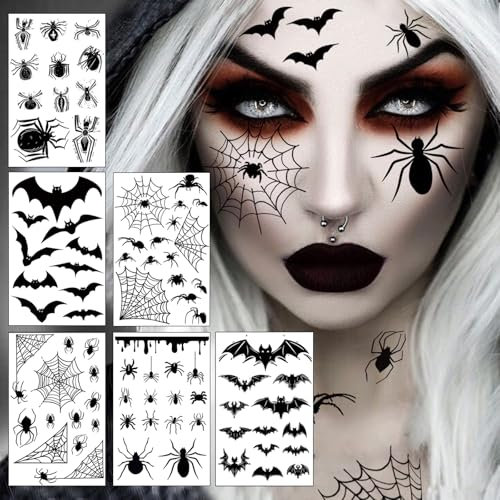 Gesichtstattoo Karneval, 6 Blatt große Größe Fledermaus Spinnen Tattoo Gesicht, Vampir Hexenkostüm Damen Zubehör Spinnen Fledermaus Kostüm Erwachsene Kinder, für Halloween Masquerade Karneval Party