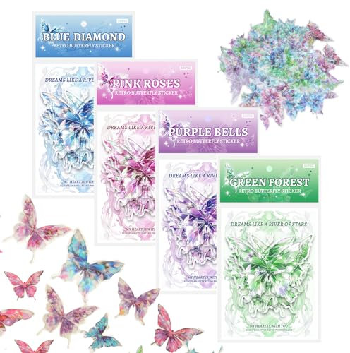 Litinliv Butterfly Sticker Set, 80 Pcs Holographic Butterfly Stickers, Glitter Butterfly Stickers, Waterproof Stickers for Scrapbooking, Laptop, Water Bottle, Skateboard (4 Color)