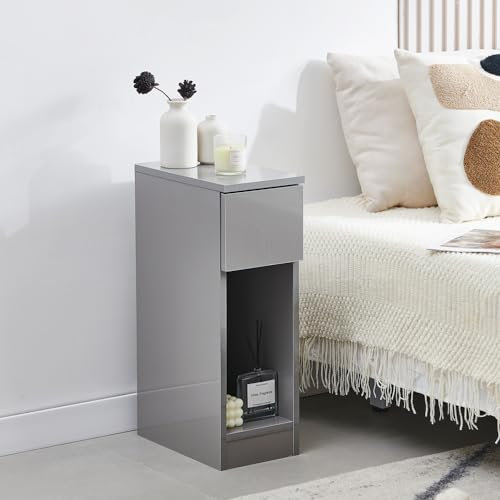 Pantanal Slim Wood Bedside Table Bedroom Nightstand with Shelf and Drawer, Narrow Bathroom Small Floor Storage Cabinet Living Room Sofa Side Table (Grey High Glossing)