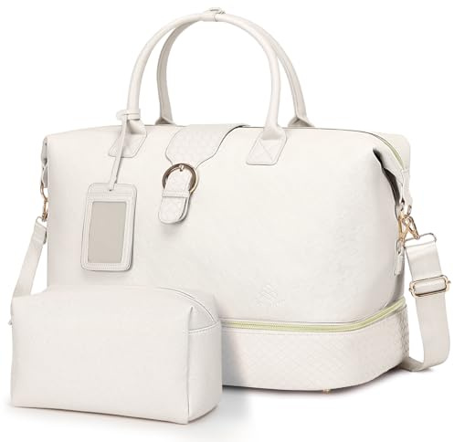 Wochenendtasche aus Leder für Damen, Reisetasche, PU-Übernachtungstasche, Tragetasche mit Schuhfach, Nassfach, weiß, XL, Leder
