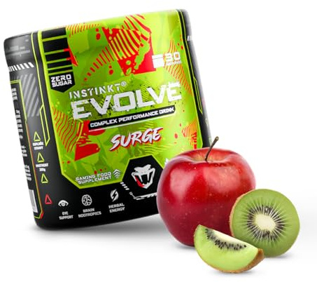 INSTINKT EVOLVE Komplex Energy Focus Gaming Drink Pulver – Ohne Zucker – Mit Guarana & Grüntee, Elektrolyte, Vitamine, Antioxidantien, Vegan – 290g / 30 Dosen (Apfel & Kiwi)