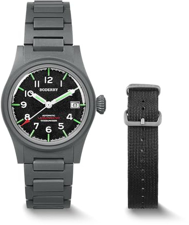 BODERRY Herren 38 mm Titan Uhr Automatik Militär Tag/Datum Funktion 100M Wasserdicht Nylonband Japanisches NH35 Uhrwerk Verschraubte Krone - LANDMASTER