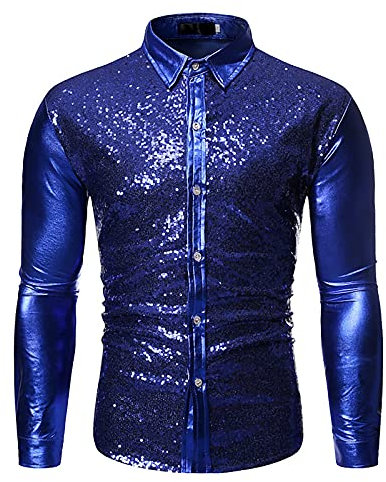Foweknow Sequin Shirt Men's Glitter Shirt Fashionable Personality Casual Shirt 70s 80s Disco Party Outfit Prom Stage Show Fancy Dress Shiny Business Shirt Work Shirt, blue, L