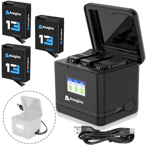 Anegine Hero 13 - Batteria ricaricabile da 2300 mAh e LCD a 3 canali, per GoPro Hero 13 Black Enduro, batteria ricaricabile con tipo C, confezione da 3