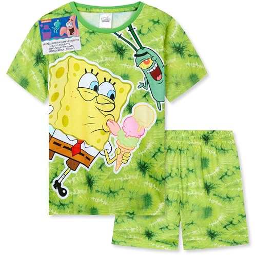SPONGEBOB SQUAREPANTS Boys Pyjamas Set Short PJs Kids Teens Lounge Set Nightwear Soft Summer Sleepwear Gifts for Boys (7-8 Years, Green Tie Dye)