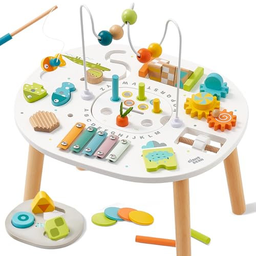 Giant bean Wooden Activity Table for 1+ Years, 11-in-1 Montessori Learning Table with Bead Maze, Shape Sorter, Fishing Game – Sensory Development Toy for Toddlers, for Babies