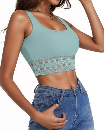 WOWENY Crop Tank Top Mujer Verano Cuello Cuadrado con Encaje Sexy Sin Mangas Acanalado Parte Superior Abdomen Top de Encaje Camiseta de Verano, Verde, L